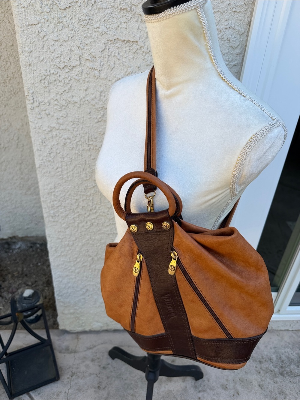 Valentina Cognac Tan & Brown Leather Two Tone Backpack Purse - Picture 3 of 12